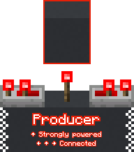 Diagram of a redstone torch with two powered repeaters pointing outwards to the left and right and a strongly powered concrete block above it.