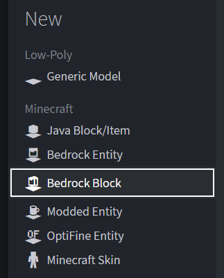 New project panel with Bedrock Block selected