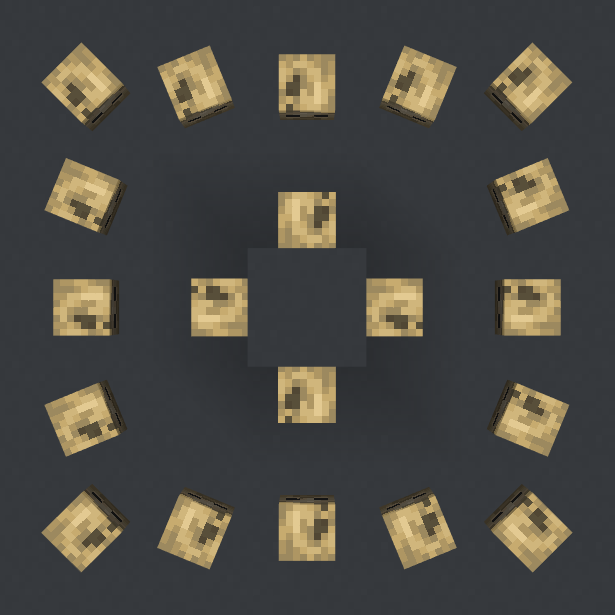 Custom head blocks in a square formation, each pointing towards the middle