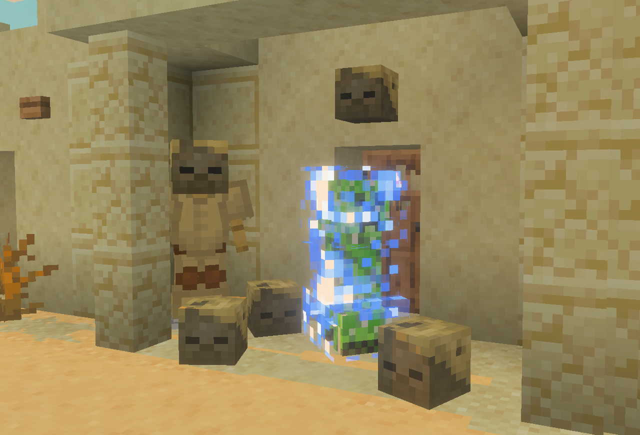 A charged creeper, surrounded by husk heads, waiting eagerly outside a desert villager's house