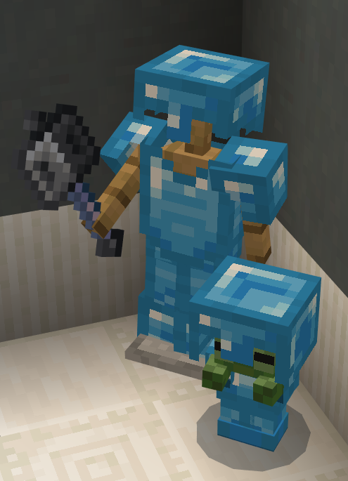 An armor stand and a baby zombie both equipped with a full set of custom armor.